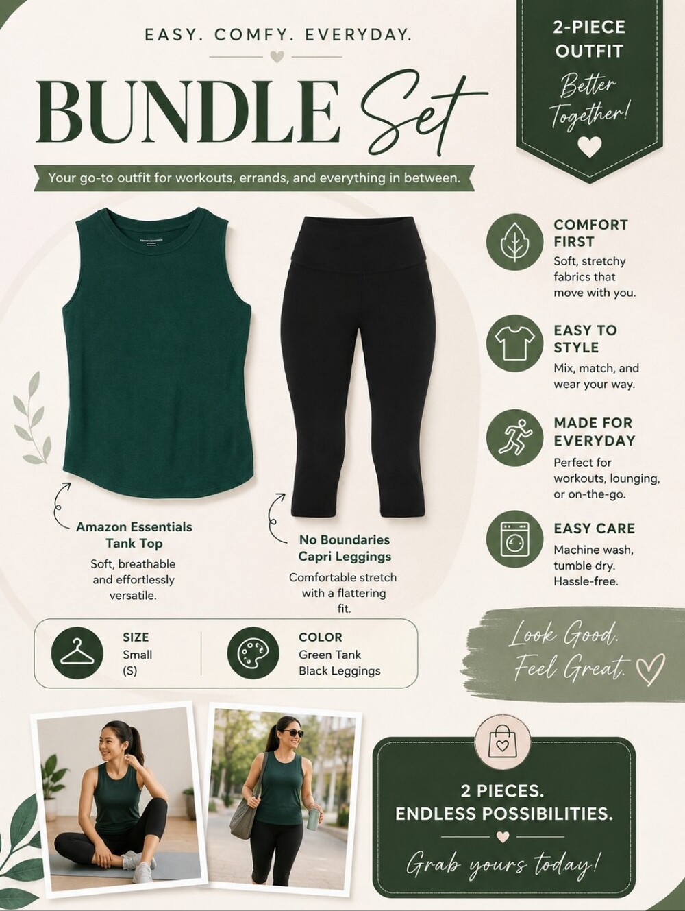Bundle Set Green Tank Top and Black Capri Leggings Size Small NWT